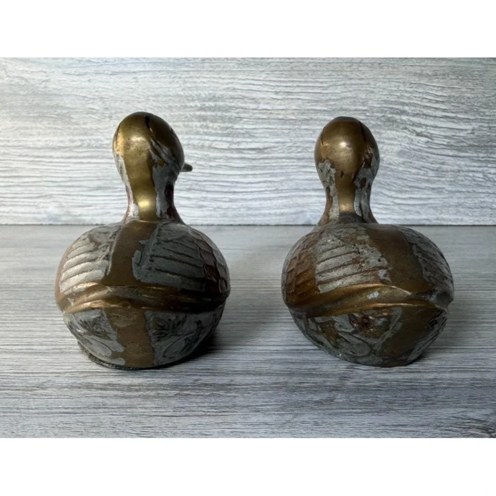 Vintage Pair Brass Enamel Duck Figurine Small Paperweight Patina & Wear 1970's